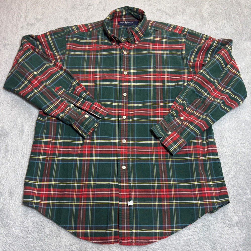 Ralph Lauren Button Down Shirt Mens Large Green Red Plaid Cotton Long Sleeve